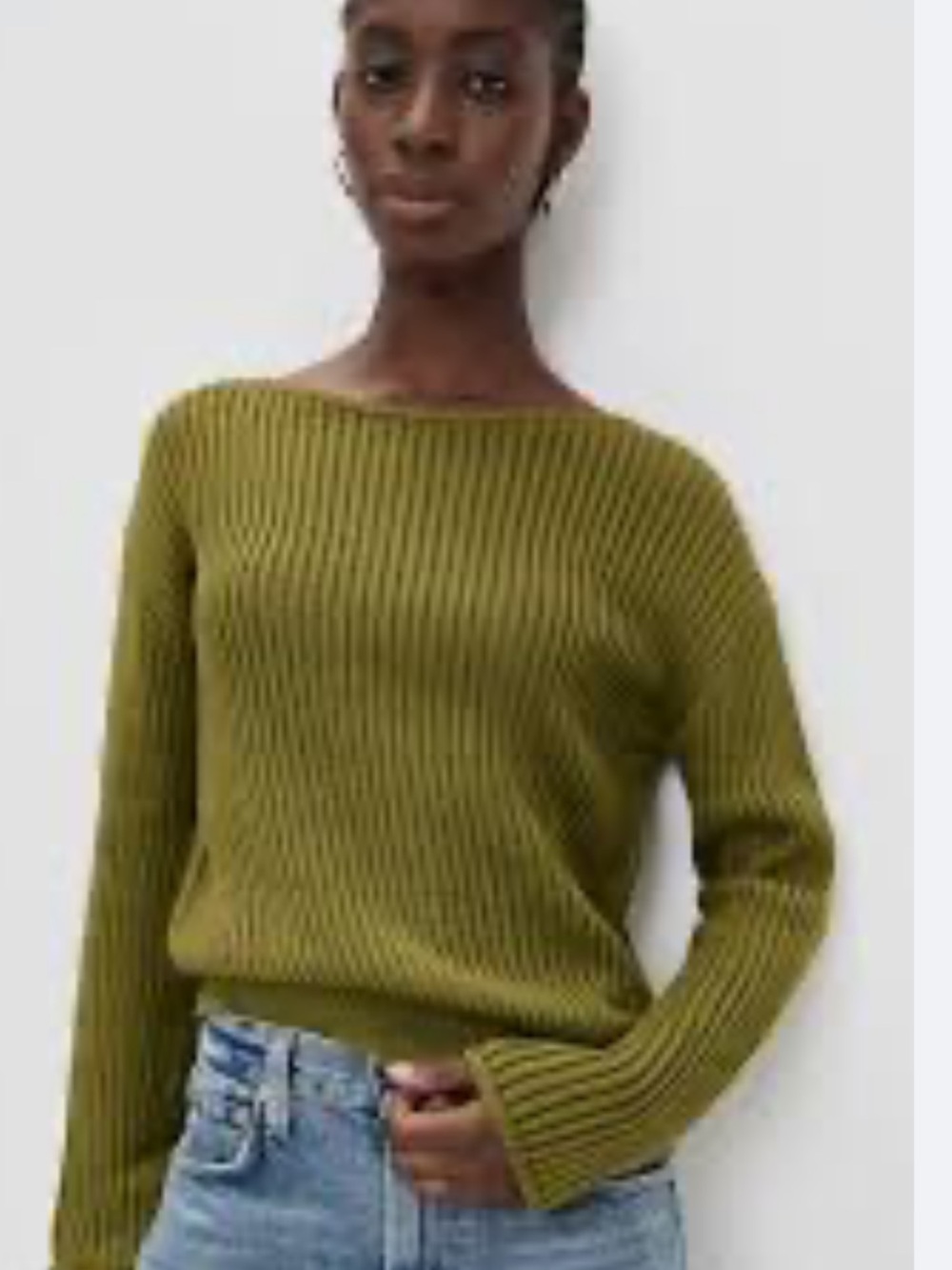 Theory Pima Olive Green Ribbed Boatneck Women’s Sweater, Saturated color!